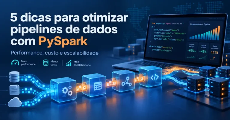 Fluxo de dados distribuídos e painel de performance ilustrando a otimização de pipelines com PySpark